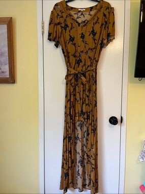 Mustard Floral Maxi Dress with Tie Waist